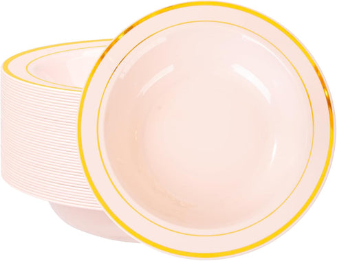 Nervure 50 Pack Pink Plastic Bowls with Gold Rim, 12oz Disposable Soup Bowls for Weddings, Parties, Everyday Use