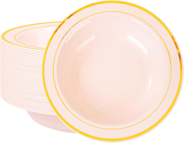 Nervure 50 Pack Pink Plastic Bowls with Gold Rim, 12oz Disposable Soup Bowls for Weddings, Parties, Everyday Use