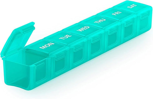 Sukuos Extra Large Weekly Pill Organizer, 7 Day Daily Pill Box Case, Arthritis Friendly, Clear Lid for Vitamins, Cyan