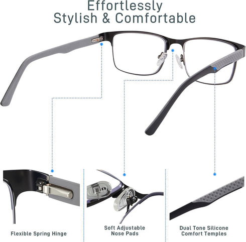 ZERPEET 2 Pack Eyestrain,1.5x Men's Progressive Multifocal Reading Glasses,Rectangle Metal Frame with Spring Hinge