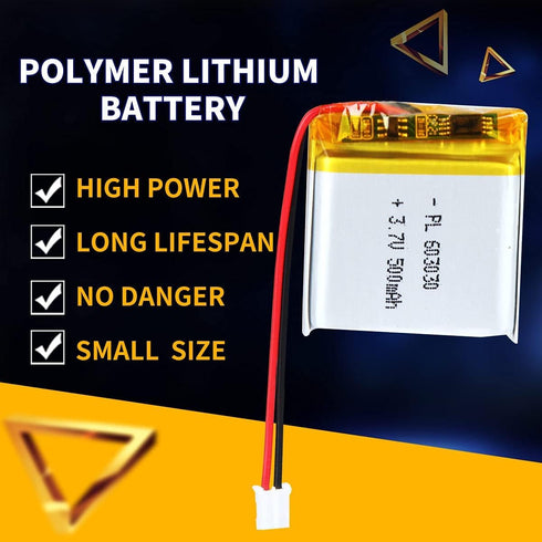 3.7V 500mAh 603030 Lipo Battery Pack, Rechargeable Lithium Polymer Ion Battery with PH2.0mm JST Connector