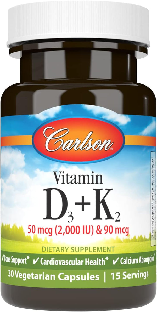 Carlson - Vitamin D3 + K2, 50 mcg (2000 IU) Vitamin D3 & 90 mcg Vitamin K2 as MK7, 30 Capsules, Bone Support