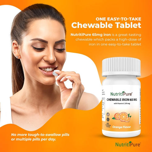 Chewable Iron 65 mg with Vitamin C 270 mg Supplement for Women/Men, 60 Days Supply, Zesty Orange Flavor (60 Count)