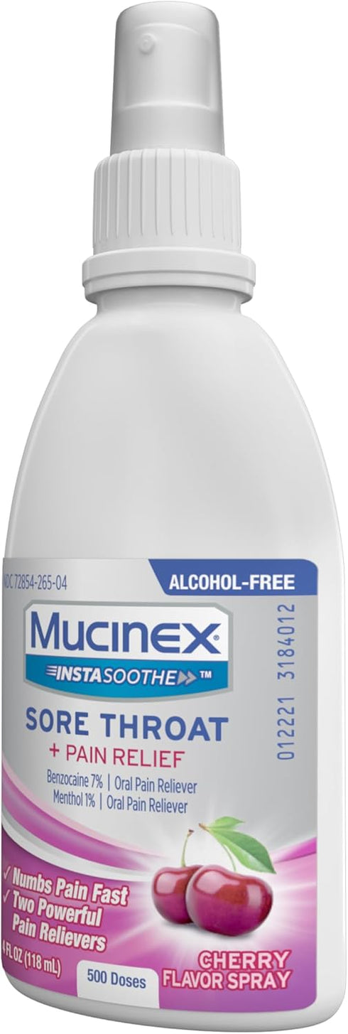 Mucinex Instasoothe Sore Throat Spray, Oral Pain Relief with Benzocaine & Menthol, Cherry Flavor, 3.8 Fl Oz