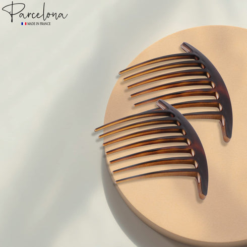 Parcelona French Basic 7 Teeth Tortoise Shell Matte Large 4” Celluloid Set of 2 Side Hair Combs for Women and Girls