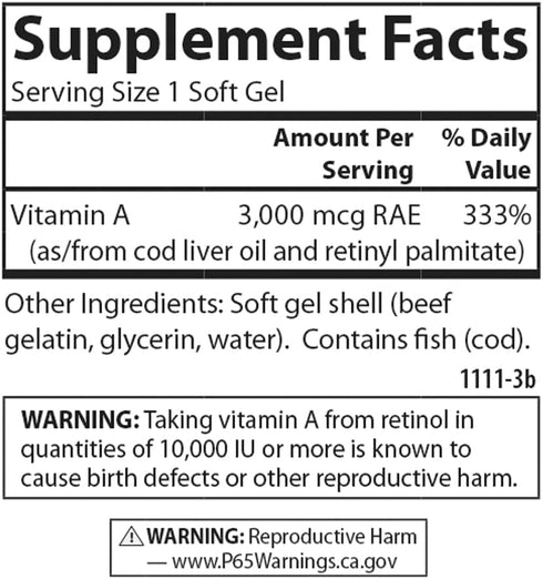 Carlson Vitamin A 10000 IU (3000 mcg RAE), 100 Softgels - Vision Health