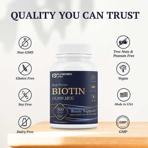 Puregen Labs Biotin 10,000 MCG - High Potency Beauty Support for Healthy Hair, Skin & Nails - Non-GMO, Gluten Free |