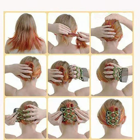 Lovef Women Magic Hair Combs - Wood Beaded Stretch Double Side Clips Bun Maker Hair Accessories (Bead Coffee)