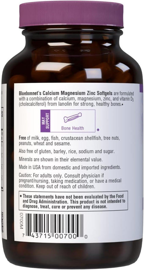 Bluebonnet Nutrition Calcium Magnesium Zinc Plus Vitamin D3, 60 softgel, 1000 mg Calcium, 500 mg Magnesium, 15 mg Zinc,
