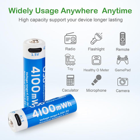 insziii 4100mWh 4 Pack, 1.5V 1200 Rechargeable Lithium AA Batteries USB Double A Lithium-ion Batteries AA Size, Long