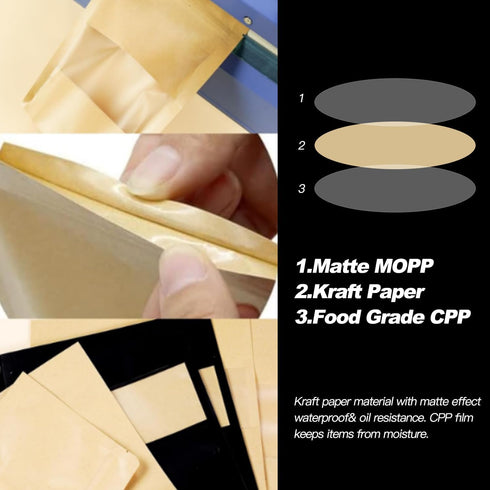 100 Pcs Resealable Kraft Paper Bags, Stand Up Pouches with Matte Window, Zip Lock Food Storage Bags (Kraft Paper,