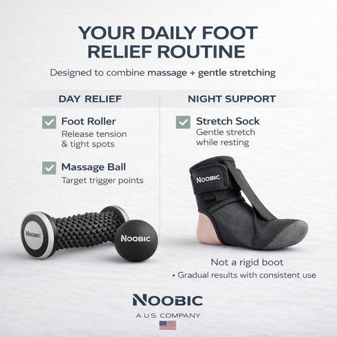 NOOBIC Plantar Fasciitis Night Splint, Foot Roller & Lacrosse Ball for Tension Relief, Foot Pain Relief Heel Spur, Arch