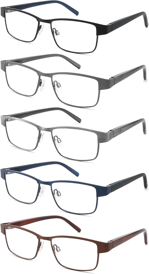5 Pack Reading Glasses for Men, Blue Light Filtering Metal Full Frame Readers, Anti UV/Glare/Eyestrain
