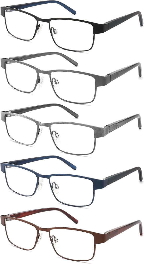 5 Pack Reading Glasses for Men, Blue Light Filtering Metal Full Frame Readers, Anti UV/Glare/Eyestrain