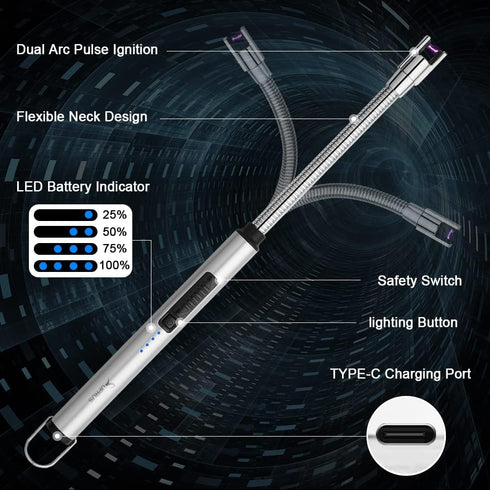 SUPRUS Electric Candle Lighter, USB Type C Rechargeable with Steel Shell & 360° Flexible Neck (Silver)