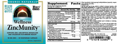 ZincMunity, Immune 50 30 Source Naturals Wellness Supports Zinc Absorption, Metabolism and Utilization for Health*, mg
