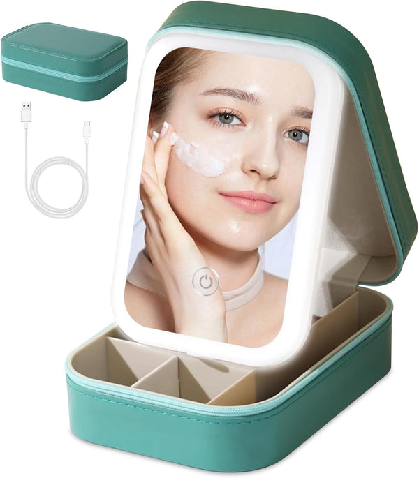 Travel Portable LED Makeup Bag, Adjustable Light-Up Mirror Cosmetic Case for Women (Green)