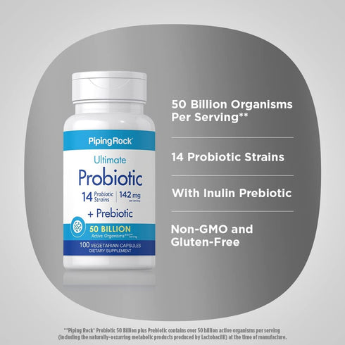 Piping Rock Probiotics with Prebiotics, 100 Vegetarian Capsules, 50 Billion Organisms, 14 Strains, Non-GMO, Gluten Free