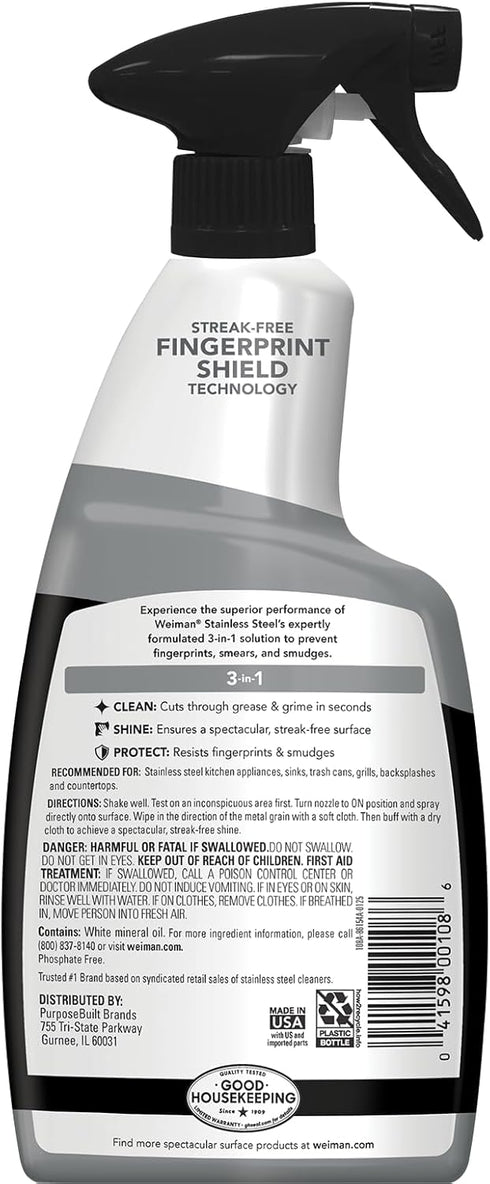 Weiman Stainless Steel Cleaner & Polish, Anti Fingerprint Spray Stainless Steel Cloth, Water Spots & Grease, No Streaks