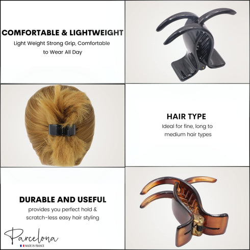 Parcelona French Small Three Teeth Pony Fish Style Hair Claw Clip Clamp, Strong Grip, Tortoise Shell and Black
