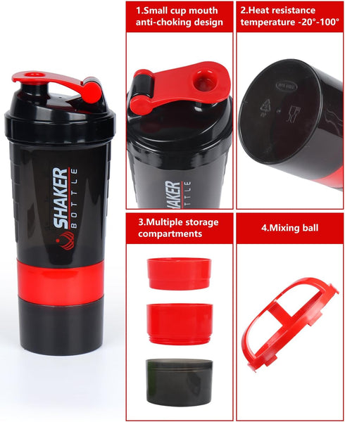 Protein Shaker Bottle, 16 oz Sports Water Bottle with Storage, Non-Slip 3 Layer Twist Off Cups & Pill Tray