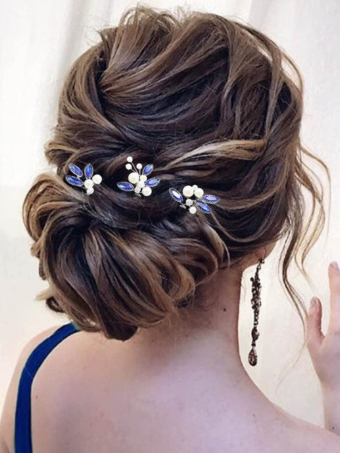 Latious Pack of 3 Bride Wedding Hair Pins, Pearl Bridal Hair Piece with Blue Crystal Hair Clips (Silver)