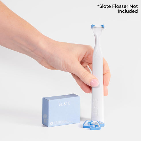 Slate Flosser Refills - 20 Nano Hydroxyaptite Floss Heads | Reusable Woven Floss, Floss without PFAS & Unwaxed Dental Floss | Slate Flosser Floss Refill | includes Tongue Scraper & Gum Scraper