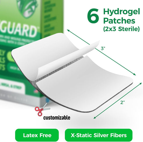 TURFGUARD Turf Burn and Wound Dressing, 2" x 3" Hydrogel Pads with X-Static Silver, Soothing Cooling Protective