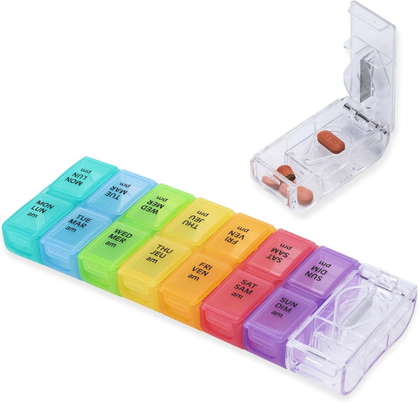 Yurkim Mini 7-Day AM PM Pill Organizer with Pill Cutter, Detachable Daily Pods,
