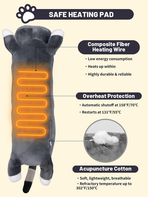 TEYOUAI 20" 5 Settings 5 Grey Cat Heating Pad for Period Cramps USB Portable Electric Heat Timer Modes Auto Shut Off