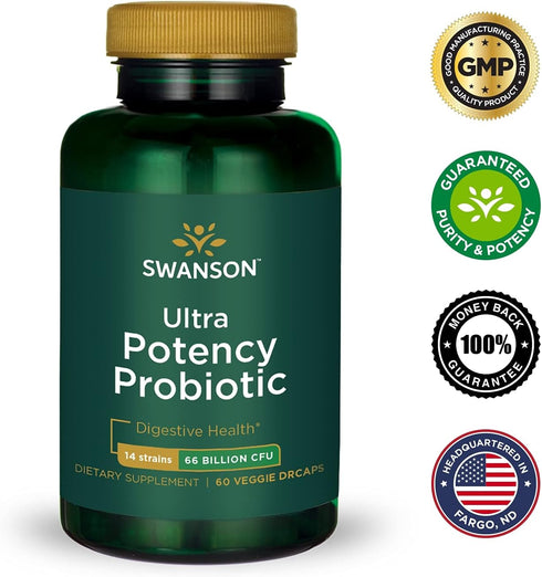 Swanson Ultra Potency Probiotic Digestive Health, 66 Billion CFU Prebiotic NutraFlora scFOS 60 Capsules
