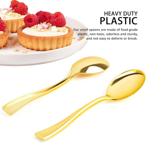 Qeirudu 4 Inch Gold Plastic Mini Spoons, 100 Pack Heavy Duty Disposable Dessert Spoons for Party, Appetizers