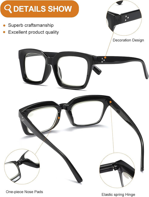 3 Pack Oversize Square Design Reading Glasses for Women, Blue Light Blocking Reader