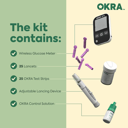 Okra Pro Glucose Monitor Kit - Syncs with Free App, Includes Meter, Test Strips, Lancets, Lancing Device, Carry Case