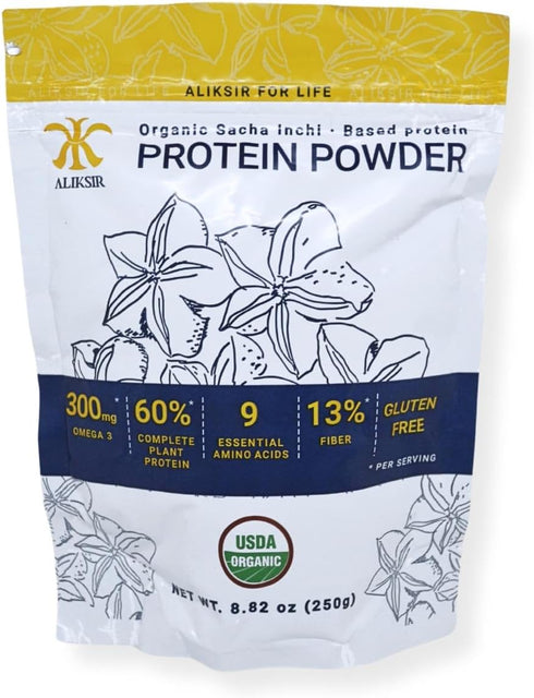 Organic Sacha Inchi Plant Based Protein Powder by Aliksir, 1 Bag (8.8 oz), 100% Natural, Vegan, Gluten-Free, 9 Grams
