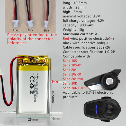 802540 3.7v 900mAh Lithium Battery for Sena 10S series, Sena 20s series, Sena 30K series, Bluetooth Headset Battery