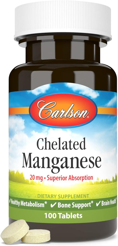 Chelated Manganese 20 mg, 100 Tablets by Carlson - Superior Absorption, Healthy Metabolism & Bone Support