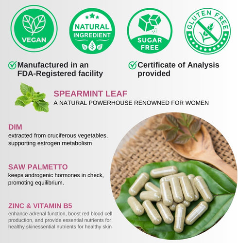 Spearmint Leaf Capsules Supplement - enhanced with DIM & Saw Palmetto, for Unwanted Hair, Women' Health & Skin *USA Made & Tested* - 1380mg/serving, 60 Capsules (30 servings)
