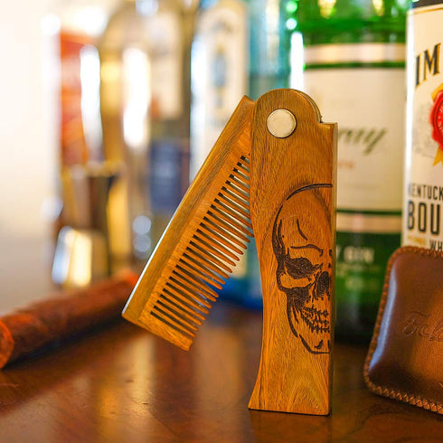 Men's Pocket Folding Wooden Beard Comb Set with Leather Travel Case, Green Sandalwood Hair Combs (Skeleton)