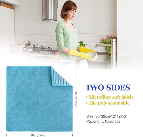 SINLAND 5 Color Assorted Microfiber Dish Cloth Towels Best Kitchen Cloths Cleaning Cloths with Poly Scour Side 12"x12" 5Pack (Pink+Blue+White+Yellow+Green) by SINLAND