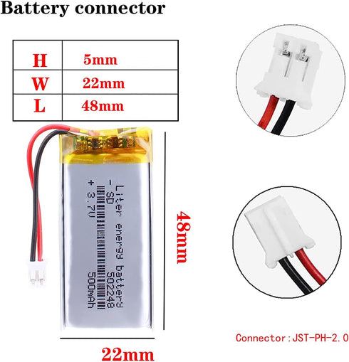 3.7V 500mAh Lipo Battery, 502248 Rechargeable Lithium Polymer Ion Battery with JST Connector