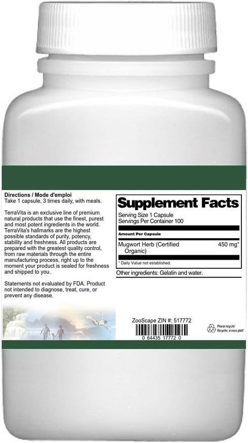 Terravita 450 (100 517772) 3 Pack Mugwort Herb (Artemisia Vulgaris) (Certified Organic) - mg Capsules, ZIN: