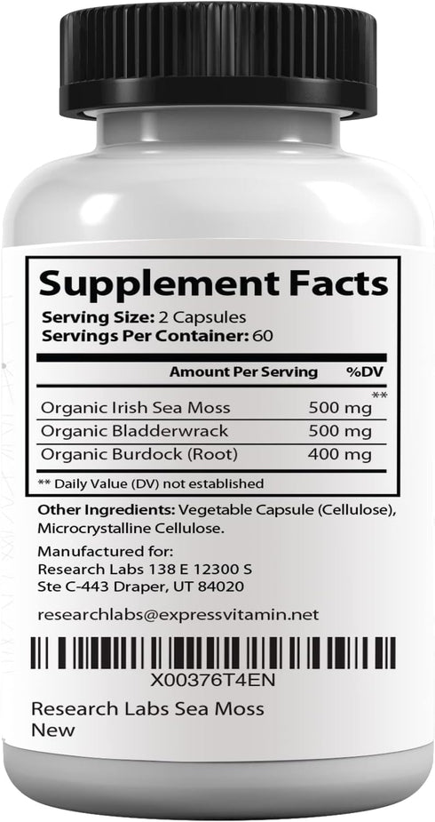 Research Labs 2 Fer 1 Ad Organic Irish Sea Moss Capsules, 240 Total Pills, Raw Wildcrafted Seamoss with Bladderwrack &