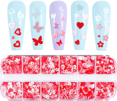Valentines Nail Glitters Holographic Heart Sequins Mixed Design Nail Art Stickers Decals for Manicure (12Girds)