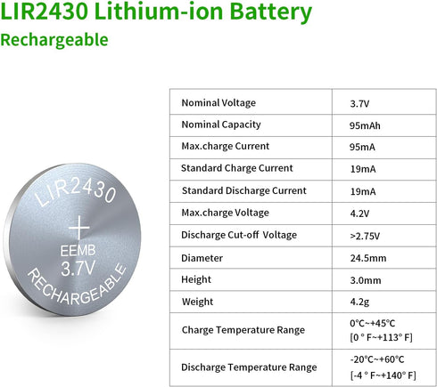 EEMB 4PACK LIR2430 Rechargeable Battery 3.7V Lithium-ion Button Batteries Coin Cell Battery for Earphone Wearable Device Watch