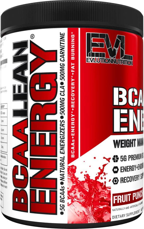 EVL BCAA Lean Energy Powder - Pre Workout Green Tea Fat Burner with BCAAs, Amino Acids, Clean Energizers - Fruit Punch