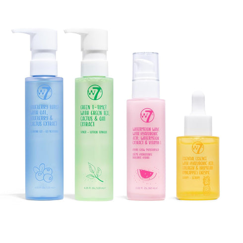 W7 Skin Refresh Essential Skin Care Set - 4 Step Daily Routine: Moisturizer, Cleansing Gel, Toner, Serum for Natural
