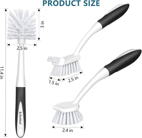 SetSail Dish Brush Set of 3, Includes Bottle Brush and Deep Cleaning Handle Brush for Kitchen Sink and Dishes