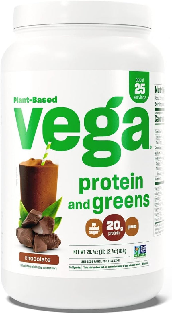 Vega Protein and Greens Protein Powder, Chocolate, 20g Plant Based Protein, Vegan, Non-GMO, 1lbs