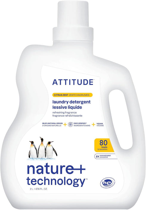 ATTITUDE Liquid Laundry Detergent, EWG Verified, HE Compatible, Vegan, Citrus Zest, 80 Loads, 67.6 Fl Oz
